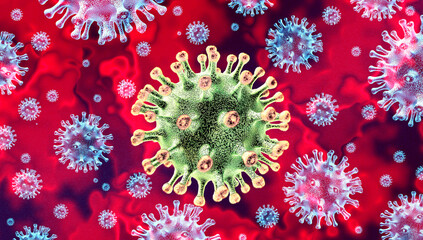 Sticker - Coronavirus variant outbreak as an omicron subvariant and covid-19 infectious influenza as dangerous flu strain cases as a pandemic medical health risk concept with disease cells