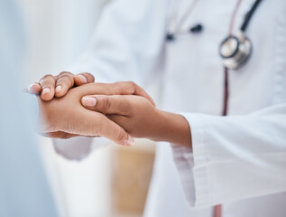 Canvas Print - Help, healthcare or doctor holding hands with patient zoom for support, trust or communication for cancer result. Medical, medicine or insurance consulting for health, wellness or heart problem news