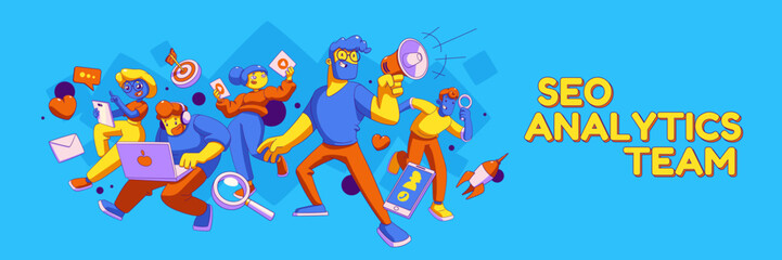 Wall Mural - seo analytics team banner template. contemporary vector illustration of creative people making annou