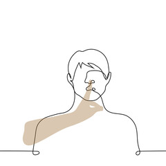 Wall Mural - talking man put index finger to his mouth - one line drawing vector. concept shut your mouth, call for silence