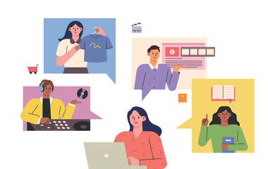 Wall Mural - A woman is working on a computer. Online curating services tailored to her taste and lifestyle are provided. flat vector illustration.