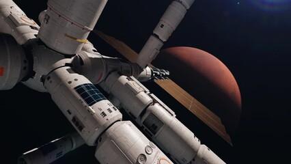 Wall Mural - a space station in space orbiting mars. the concept of space travel and settlement of planets suitab