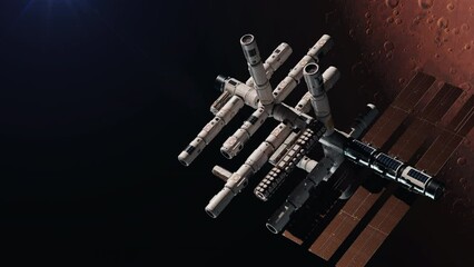 Wall Mural - a space station in space orbiting mars. the concept of space travel and exploration of the planets o