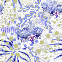 Seamless Tropical Floral Pattern. Blue Orchid Flowers And Leaves On A White Background With Green Polka Dots.
