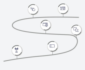 infographic element with cursors and pointers outline icons. included window with sections, click gesture, window with security badge, test box, wireless band, text entry box vector.