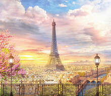 3d Image Eiffel Tower At Sunset In Paris, France. Romantic Travel Background Collage. Poster Design. 3d Render