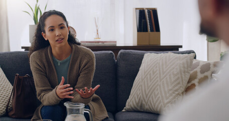 Poster - Woman, talking and psychology therapy on sofa with mental health worker, anxiety psychologist or community counselling mentor. Help, support and trust for depression patient consulting counseling man