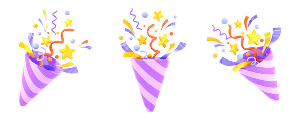 Striped firecracker with flying confetti front and angle view. Cartoon 3d render set of party popper with purple ribbon, spirals and golden stars, isolated cracker birthday surprise