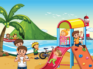 Wall Mural - Beach playground with happy children