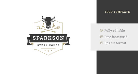 Canvas Print - Premium bistro grill vintage logo design template bull cow with crossed cutlery burning flame vector