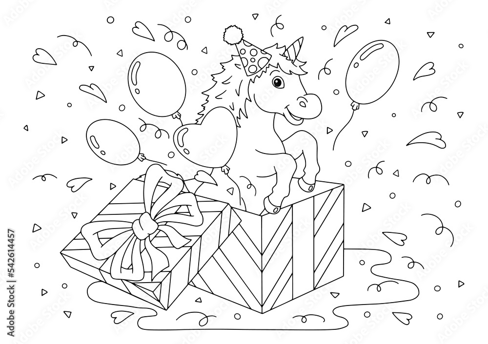 A cheerful unicorn jumps out of a gift box. Coloring book page for kids ...