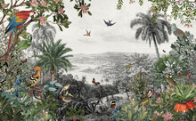 Tropical Jungle Wallpaper Palm Trees, Birds And Parrot In The River Land With Flying Butterflies