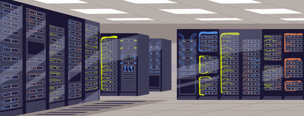 Server room with racks, equipment, cabinets, computer hardware cluster for digital information storage. Internet hosting, network, telecommunication technology system. Flat vector illustration