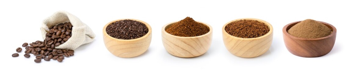 Wall Mural - Roasted coffee beans in sack bag and coffee powder (ground coffe) in wooden bowl isolated on white background. 