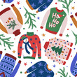 Seamless pattern with sweaters for ugly Christmas party. Warm knitted jumpers with different cute prints and ornaments. Vector design for textile, wrapping paper, greeting cards.