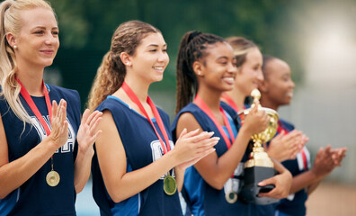 Poster - Netball team, clapping and medal, trophy and winner in sports competition, tournament and game outdoor. Teamwork, support and gold award for achievement, winner and celebration at sport event outdoor