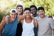 © Talia M/peopleimages.com - Men, laughing and bonding on sports court in fitness, workout or training for community game, match and competition. Portrait, smile and happy exercise friends, people and students in team diversity
