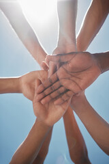 Hands, support and diversity with team, solidarity and together for collaboration and team building. Teamwork motivation, mission success and community with connection and trust in partnership.