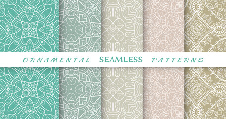 Seamless hand drawn colored lace patterns set. Abstract floral geometric line backgrounds with  doodle elements. Tribal ethnic decorative mandala ornament.