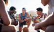 © Talia M/peopleimages.com - Motivation, leadership and men in a huddle on basketball court in a circle for mindset and teamwork. Fitness, sports and athletes talking or speaking of training goals, mission and strategy planning