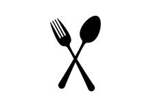 Crossed Fork And Spoon Vector Icon Black Cutlery Flat Simple Design Isolated On White Background.