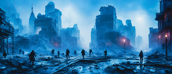 Poster - Concept illustration of a destroyed city after war, background illustration.