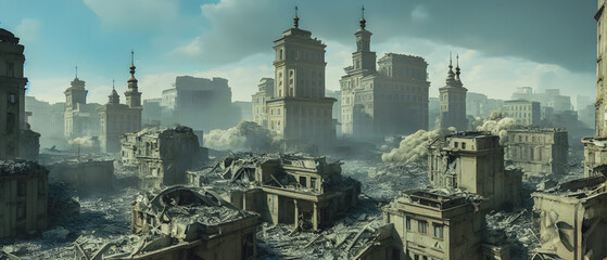 Poster - Concept illustration of a destroyed city after war, background illustration.