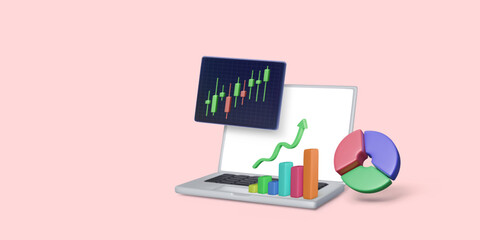 Wall Mural - Online stock exchange trading concept. 3D Laptop with pie chart and bar diagram. Analysis and business strategy on stock market