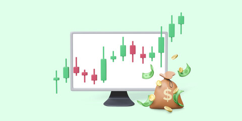 Wall Mural - Online trading on stock exchange and binary options. PC monitor, candlestick chart, money bag with falling gold coins and green paper currency