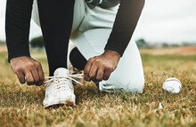 Baseball, Shoes And Grass With Ball And Baseball Player, Sports And Fitness Closeup During Game On Baseball Field. Competitive Sport Outdoor, Exercise And Workout, Professional Athlete And Active.