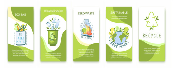 Booklets about ecology. Recycling, sustainable, zero waste, eco bag. Illustration of the planet, eco bags, waste materials, recycle symbol. Template.