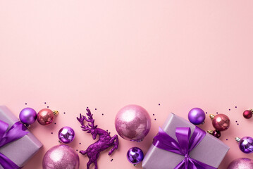 Christmas Day concept. Top view photo of lilac gift boxes with ribbon bows pink and violet baubles reindeer ornament and confetti on isolated pastel pink background with blank space