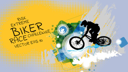 Wall Mural - Vector banner or flyer with cyclist on the bike. Abstract poster of BMX competitions sport template