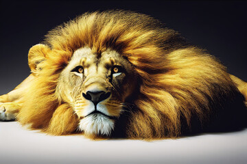 Wall Mural - Male african lion with mane laying in studio setting