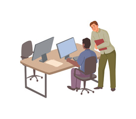 Wall Mural - Employees working in office, isolated people talking on workspace. Man sitting by computer interrupted by boss or manager. Vector in flat cartoon style