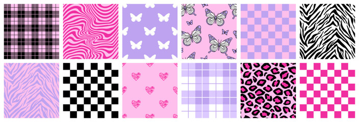 Y2k glamour pink seamless patterns. Backgrounds in trendy emo goth 2000s style. Butterfly, heart, chessboard, mesh, leopard, zebra. 90s, 00s aesthetic. Pink pastel colors.