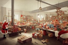 Santa Claus Presents Factory Interior With All The Presents In The World