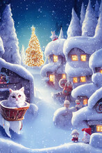 Baby White Cat On A Sled In Snow Village