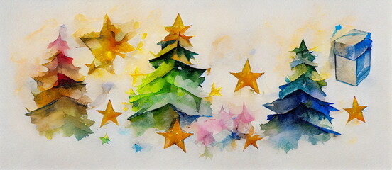 Wall Mural - Christmas 3D rendering of Christmas trees with stars and a decoration on the tree. Watercolor illustration of impressionist painting