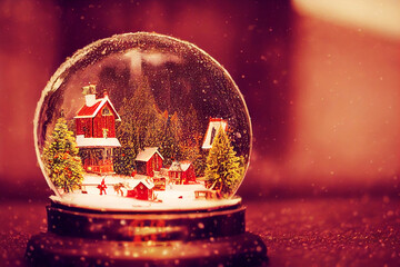 Illustration of a Christmas snow globe containing a winter village scene with surrounding copy space