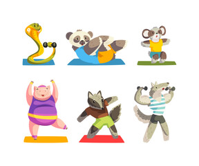 Sticker - Sportive Animals Wearing Uniform Doing Physical Exercises Using Sport Equipment Vector Set