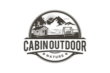 Wooden Bench Logo Outdoor River Lake Scene Design Wood House  Illustration Badge Rounded Shape 