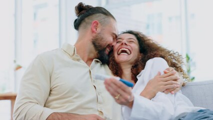 Canvas Print - Excited, pregnant and happy with a couple in celebration of the good news that they are expecting. Pregnancy, wow and smile with a man and woman celebrating together after a positive test in the home