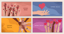 Banner With Group Of Volunteer Diversity People. Editable Poster Template. Hand Up Holding A Heart In Their Hand. Charity Solidarity Donation. NGO. Community. Hands In A Circle. Web Page