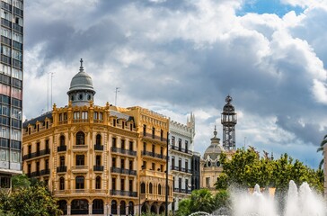 Wall Mural - Architecture and buildings over Plaza del Ayuntamiento, Valencia, Spain, Europe