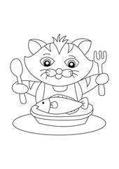 Wall Mural - cartoon cute cat eat fish for coloring page