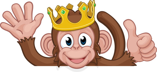 Wall Mural - Monkey King Crown Thumbs Up Waving Sign Cartoon