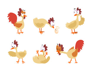 Poster - Funny Hen with Big Eyes as Feathered Domestic Bird in Various Pose Vector Set