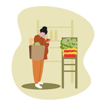 A Pregnant Woman Buys Food. Pregnant Woman In Faceless Style . Pregnant Woman On A Shopping Trip. Vector Flat Illustration Of Shopping. Faceless Woman