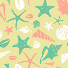 Boho Seamless Pattern With Conch Shells And Sea Stars On White Background.